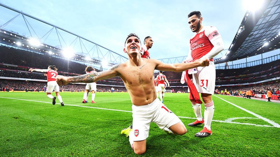 Arsenal+midfielder+Lucas+Torreira+celebrates+after+scoring+his+first+Arsenal+goal+ending+the+match+4-2.%0A%0ALeno%2C+Bernd.+Interview.+Max+Jones.+Arsenal%2C+Arsenal+Football+Club+plc.%2C+2+Dec.+2018.