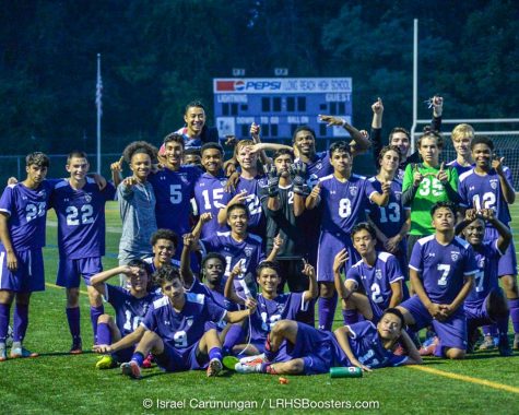 LRHS Boys Varsity Soccer Team posing for a photo after their win against Glenelg. Photo courtesy of Israel Carunungam. 