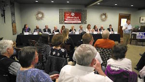 Ellicott City citizens listen attentively at a town hall discussion. Photo courtesy of the Ellicott City and Western Howard Democratic Club.
