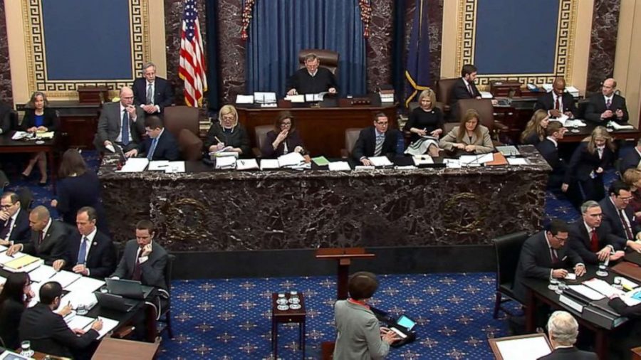 Senate Impeachment Trial in a session. Photo courtesy of https://abcnews.go.com/Politics/trump-impeachment-trial-live-updates-questions-resume-gop/story?id=68639038.